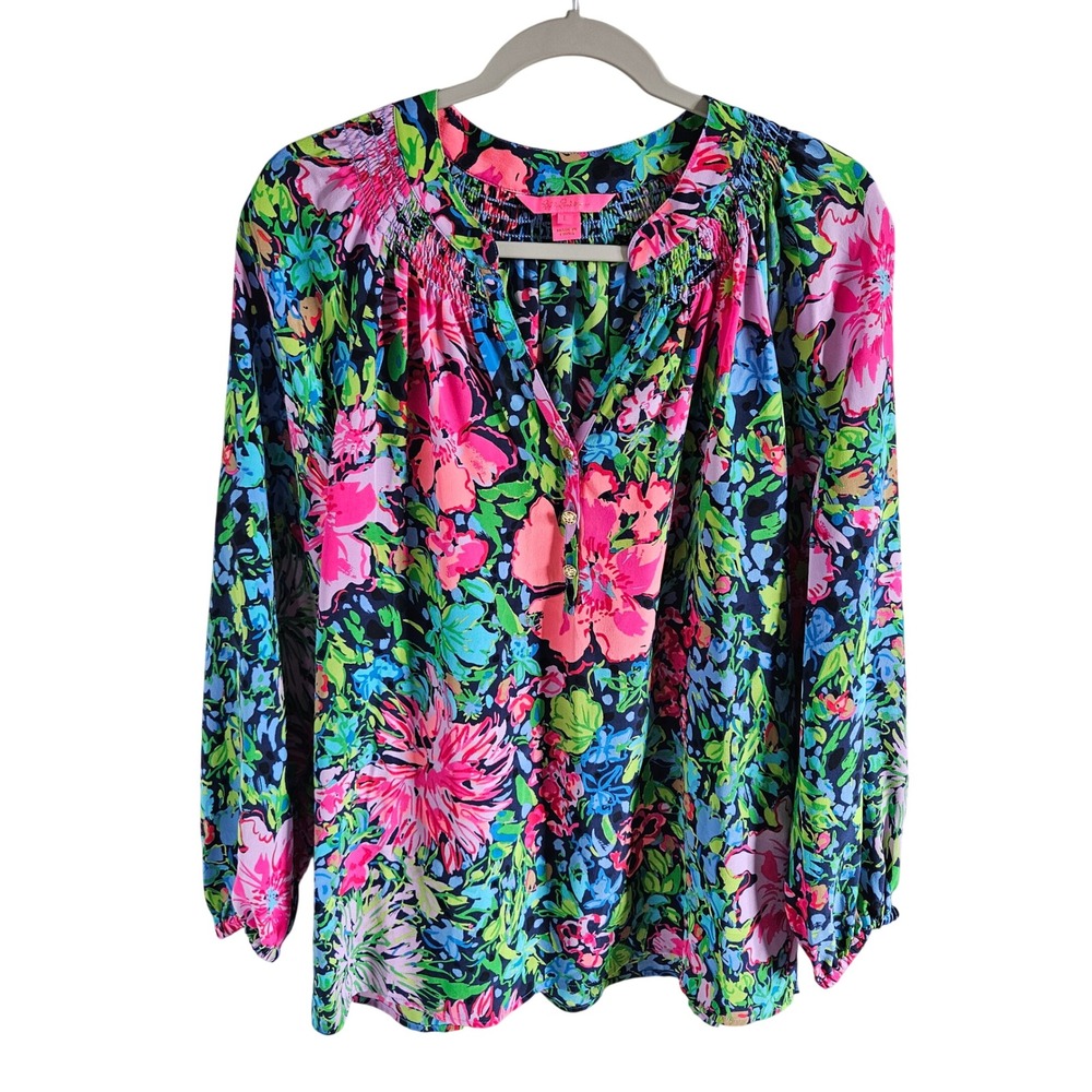 Lilly Pulitzer Elsa Silk Blouse Large Floral Print Smocked V-Neck Top Pink Blue